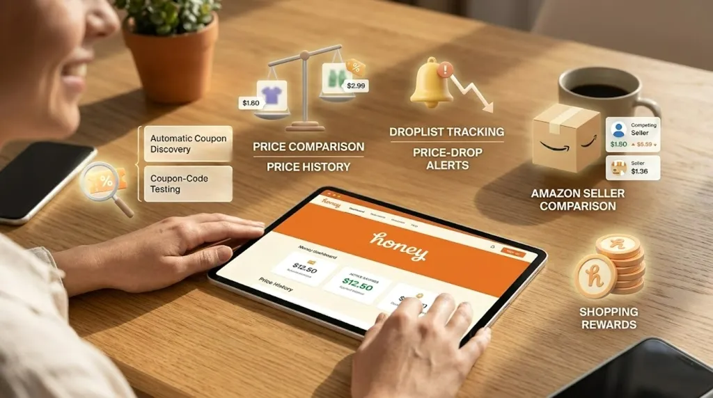 A tablet showing a Honey dashboard with labels for automatic coupon discovery, price comparison, price history, Droplist tracking and shopping rewards