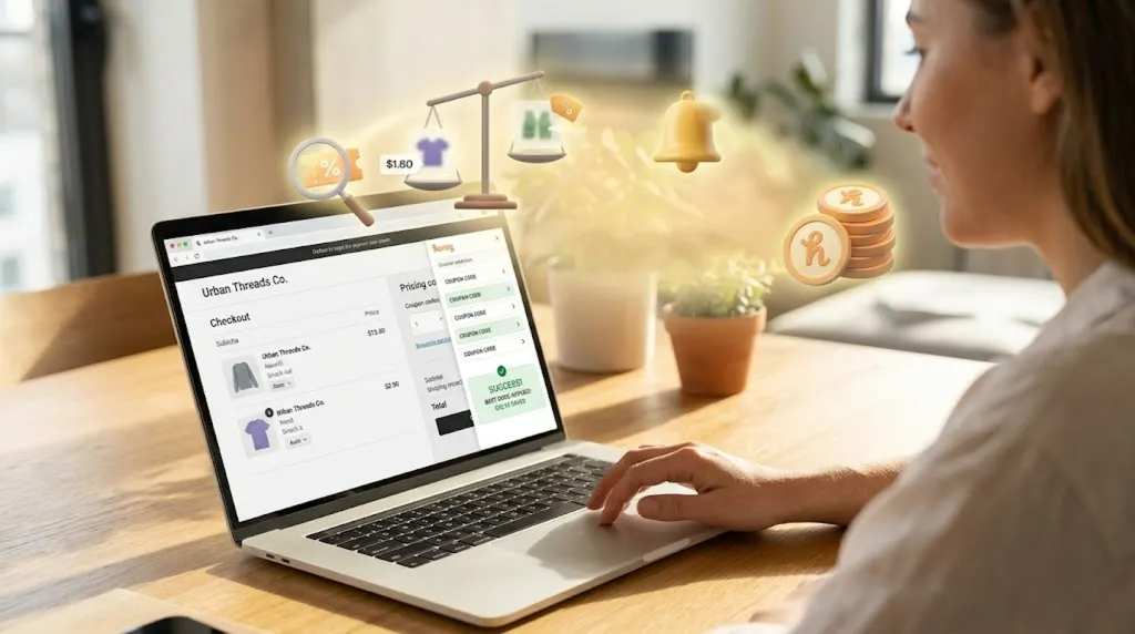 A shopper at a laptop checkout page with coupon, price-comparison and rewards icons floating above the screen